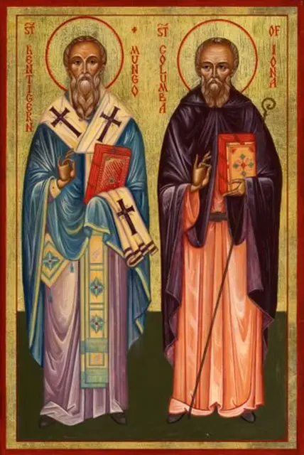 Icon of our patron saints: St Kentigern vested as a bishop holding the Gospels, and St Columba of Iona in monastic habit holding a book